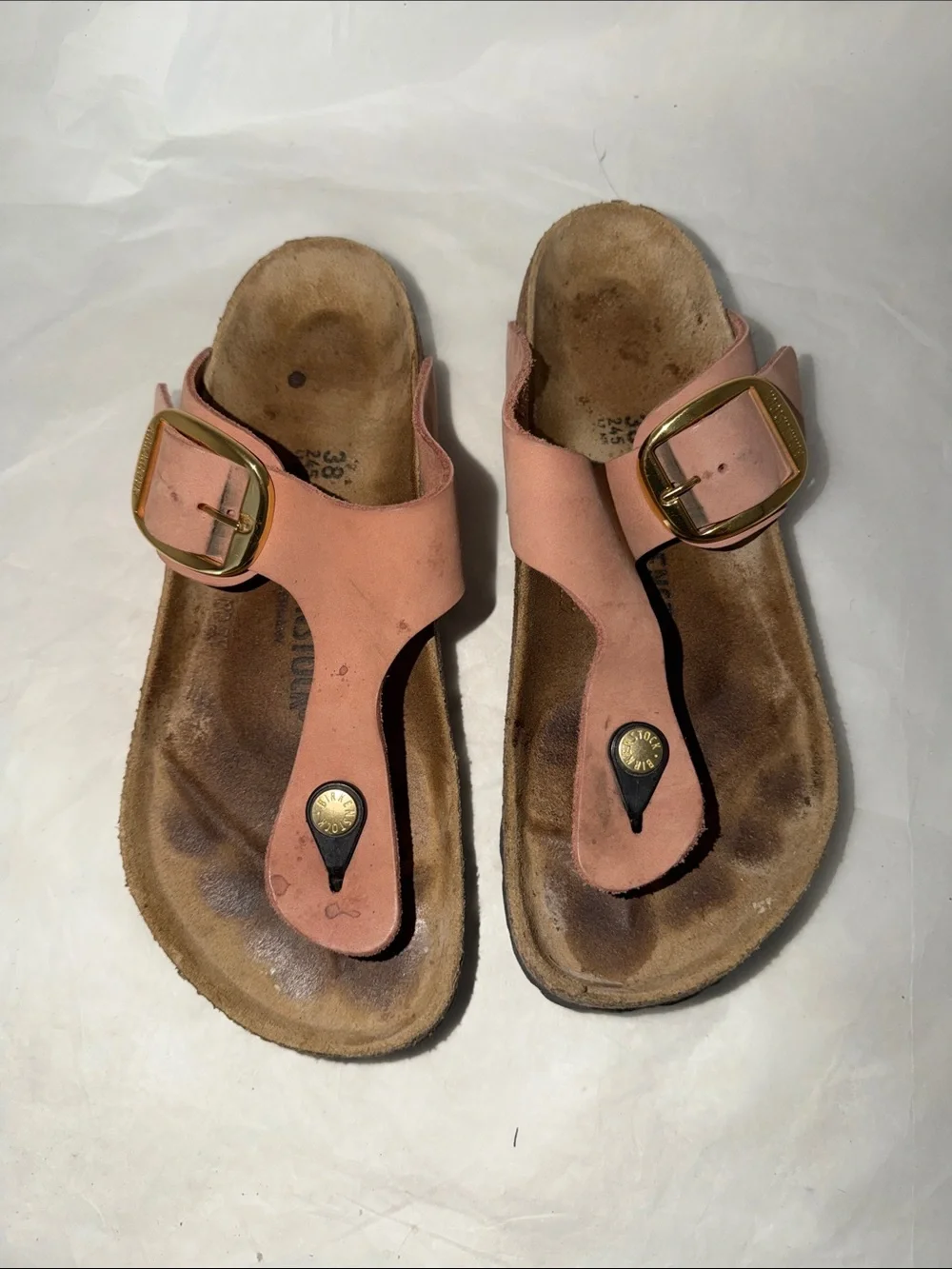 Women's Pink Toe-Post Cork Footbed Sandals with Gold Buckles size 38
